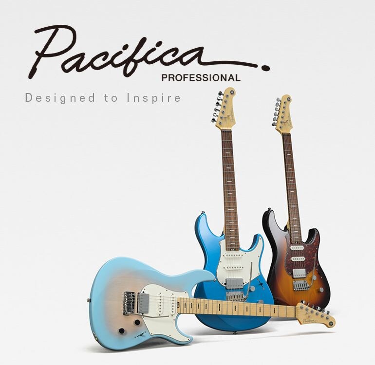 White background. Left: Pacifica professional logo & designed to inspire text. Right: 3 guitars