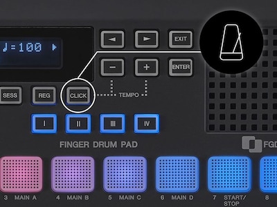 Diagram pointing to the location of the built-in click on the FGDP body and the metronome icon