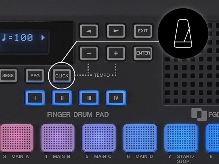 Diagram pointing to the location of the built-in click on the FGDP body and the metronome icon