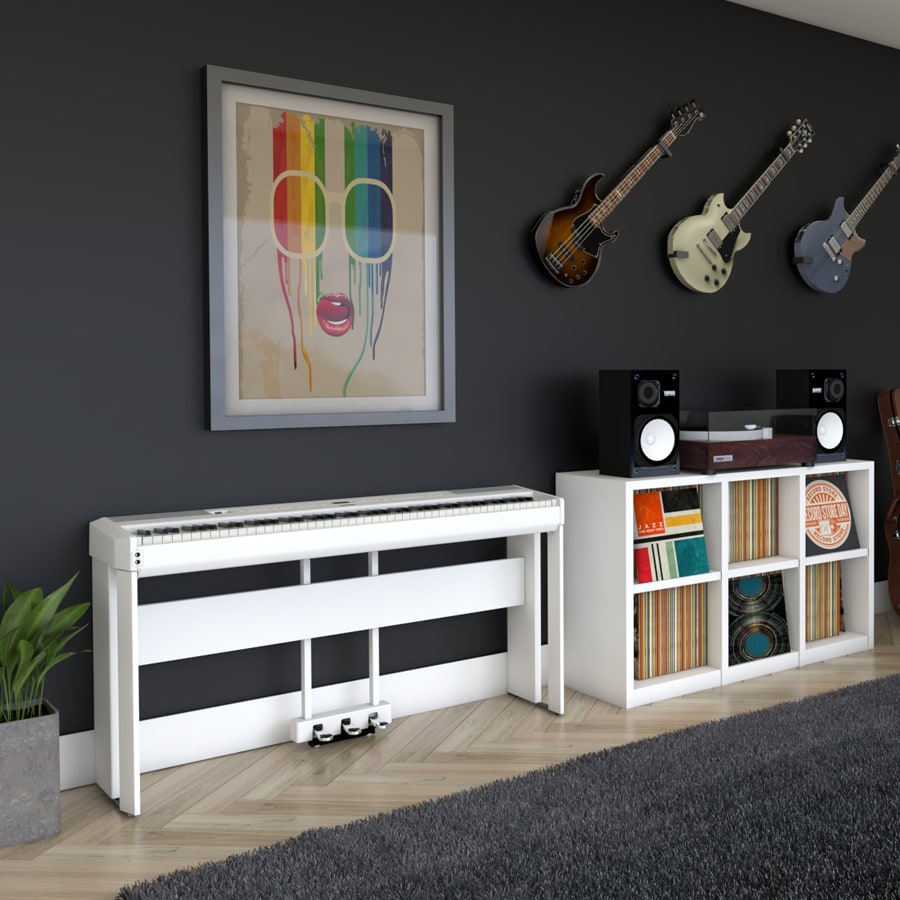 white p-515 piano sitting on a nice living room