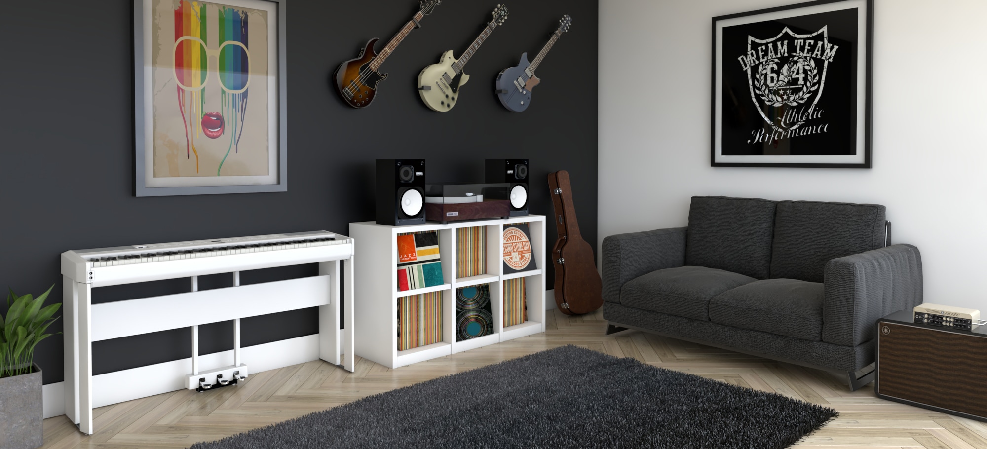 white p-515 piano sitting on a nice living room