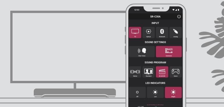 Image showing SR-C30A sound bar Remote App which can be used to adjust volume and sound modes with included remote or dedicated app.