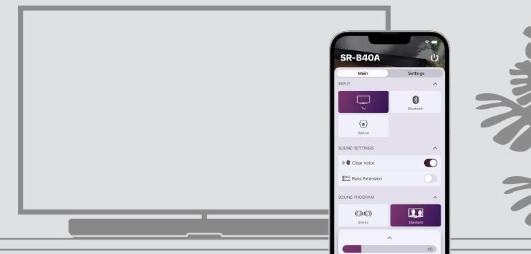 2d image showing the volume and sound modes can be control with Yamaha Sound Bar Remote app.