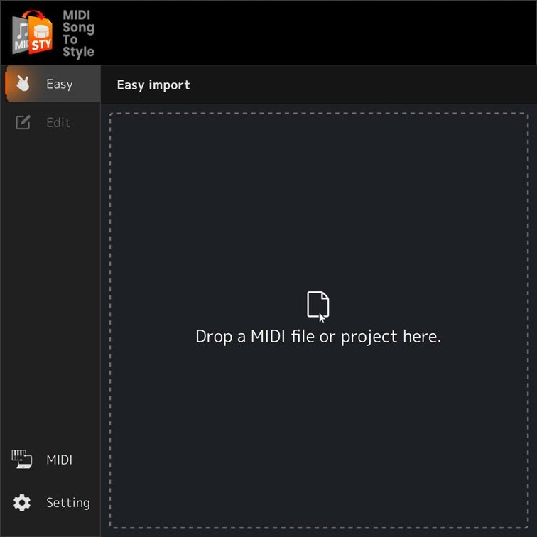 Easy mode of MIDI Song to Style.Screen image of importing MIDI song data.