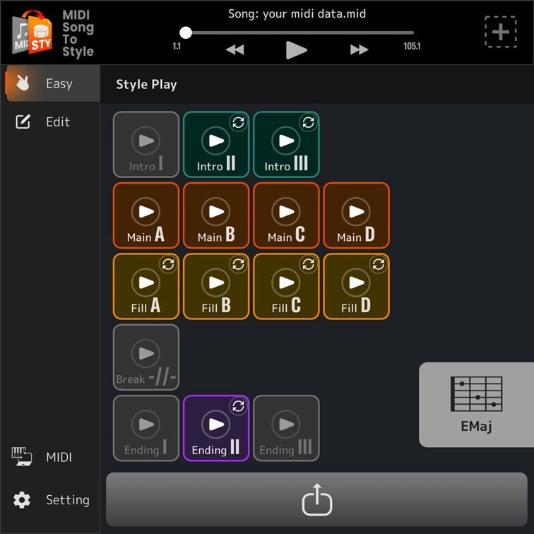 Easy mode of MIDI Song to Style: Screen image showing the composition of intro, main, fill, break, ending, etc.