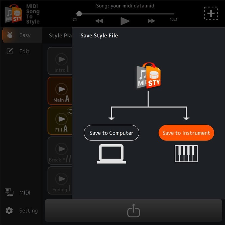 Easy mode of MIDI Song to Style: Screen image for selecting whether to save the created style data to the PC or install it directly on the instrument.