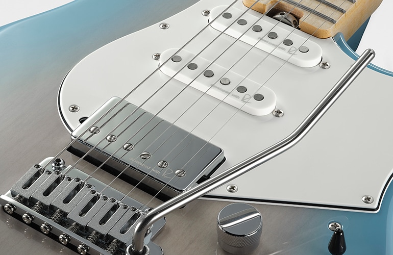 Closeup of Pacifica Professional showcasing Gotoh two-point tremolo bridge.