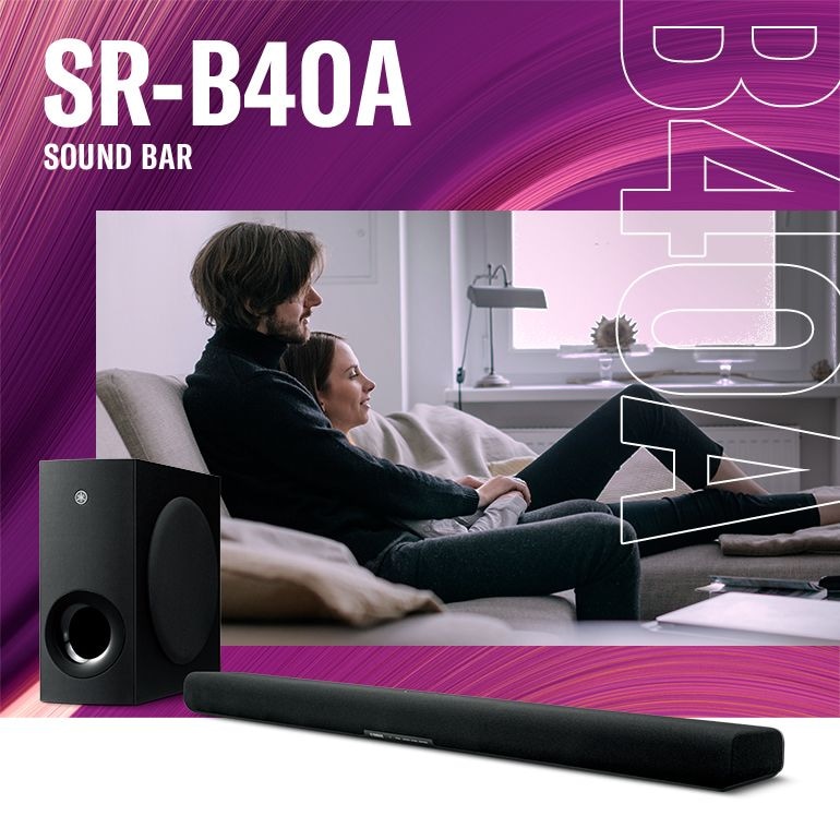 top header banner image showing Yamaha SR-B40A Dolby Atmos Sound Bar with Wireless Subwoofer and couples sitting on the couch