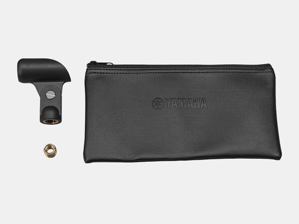 Display of the included accessories; holder, pouch and threaded adapter.