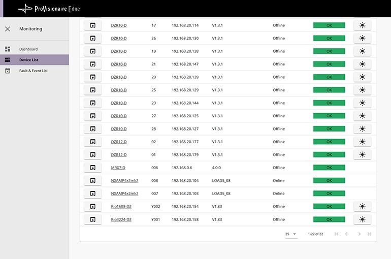 Yamaha ProVisionaire Control/Touch: Local Monitoring Service (ProVisionaire Edge): Device list